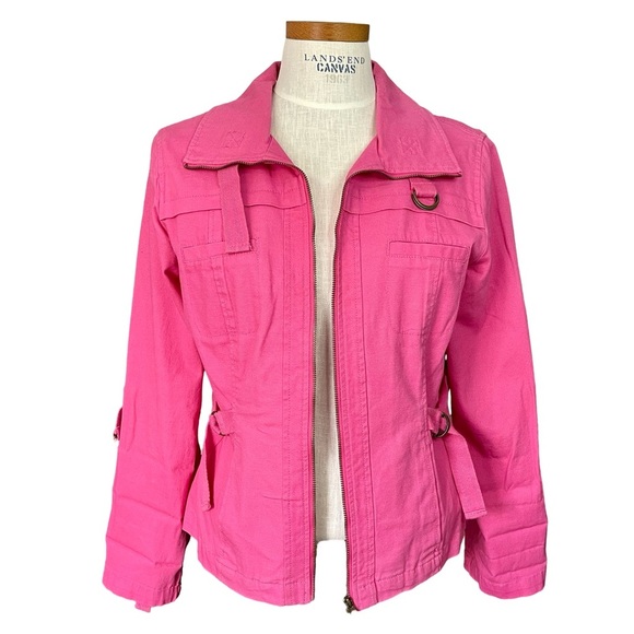 Ruby Rd. Hot Pink Denim Stretchy Cotton Adjustable Sz10 Tab Sleeve Zip Jacket - Picture 1 of 11
